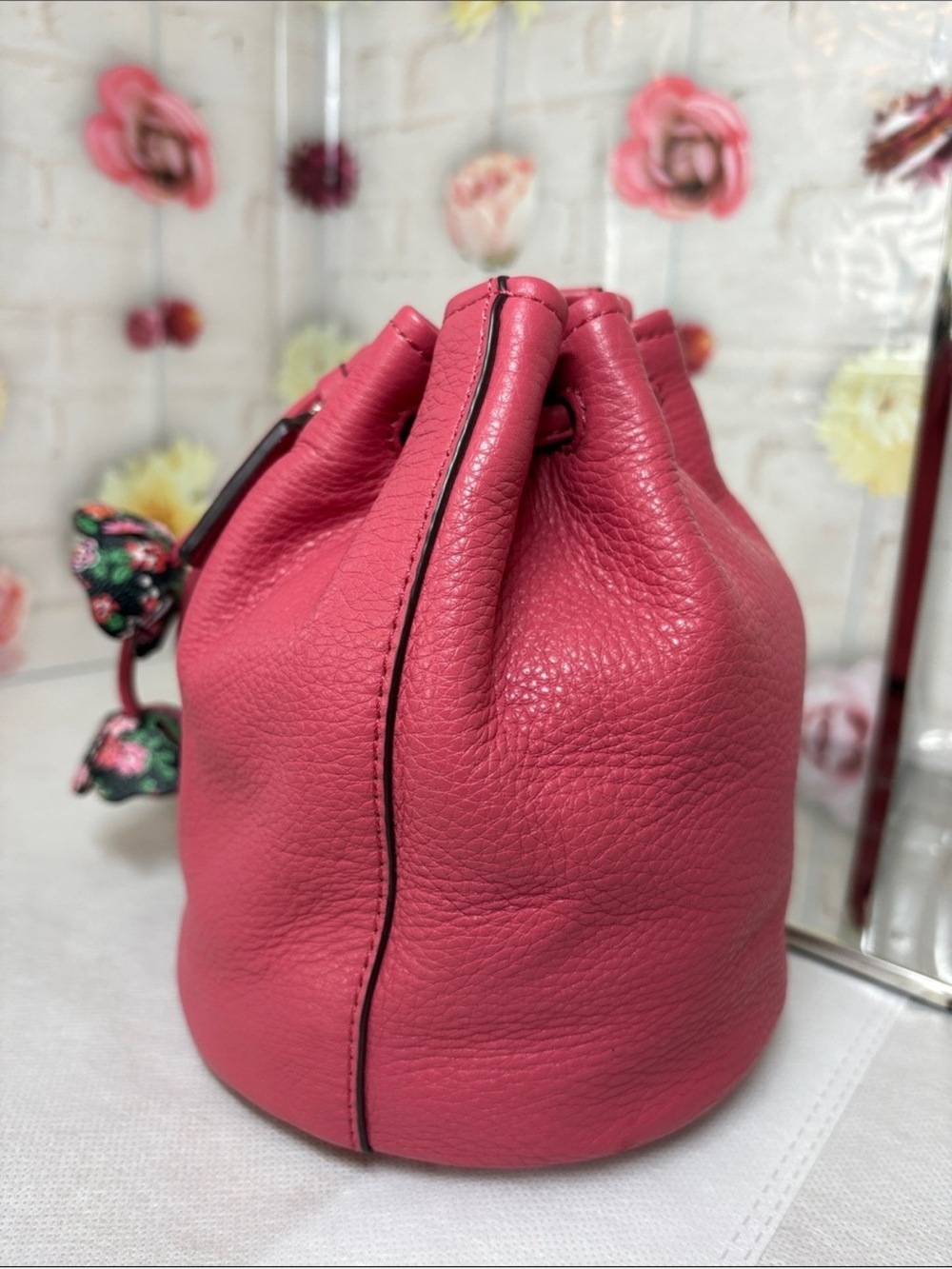 Coach Pebbled Leather Drawstring Mini Bucket Bag with 4 Leather Tea Roses - Picture 7 of 11
